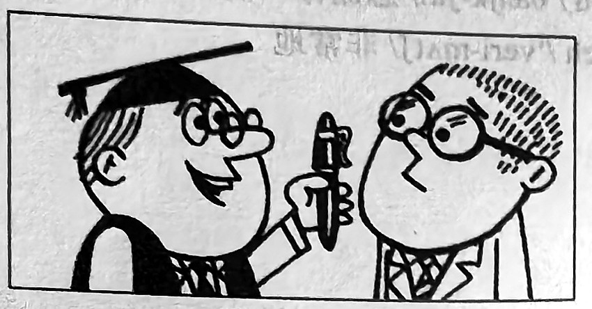 A man holds up a pen to another man.