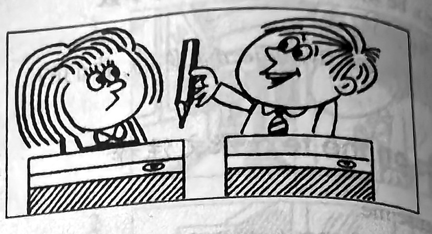 A boy holds up a pencil beside a girl.