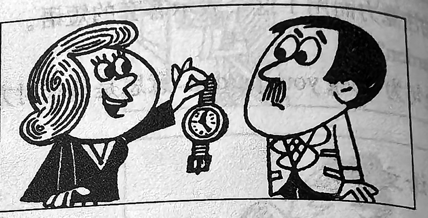 A woman holds up a watch to a man.