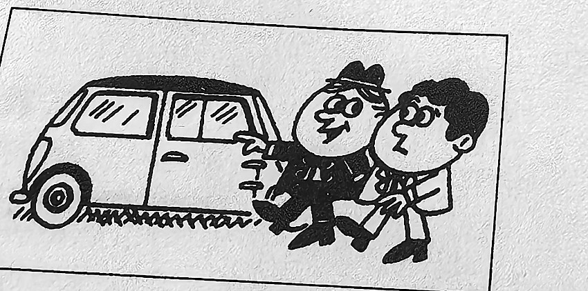 Two men stand beside a car.