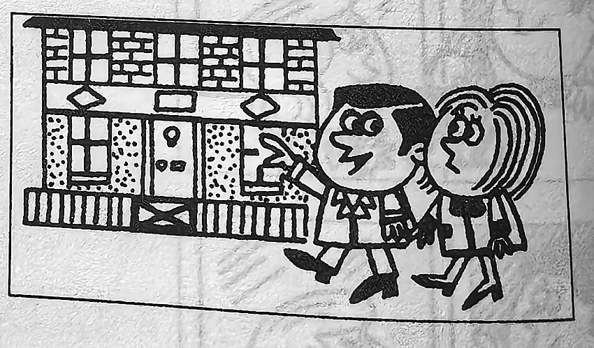 Two people stand in front of a house.