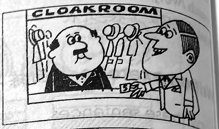 A customer asks a cloakroom attendant for his coat and umbrella.