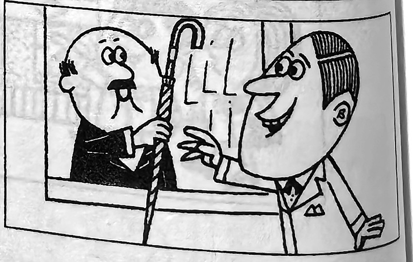 The customer smiles when the attendant finds the correct umbrella.