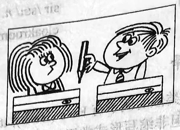 A boy holds up a pencil beside a girl.