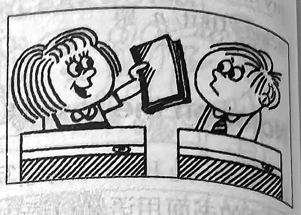 A girl holds up a book beside a boy.
