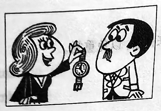 A woman holds up a watch to a man.