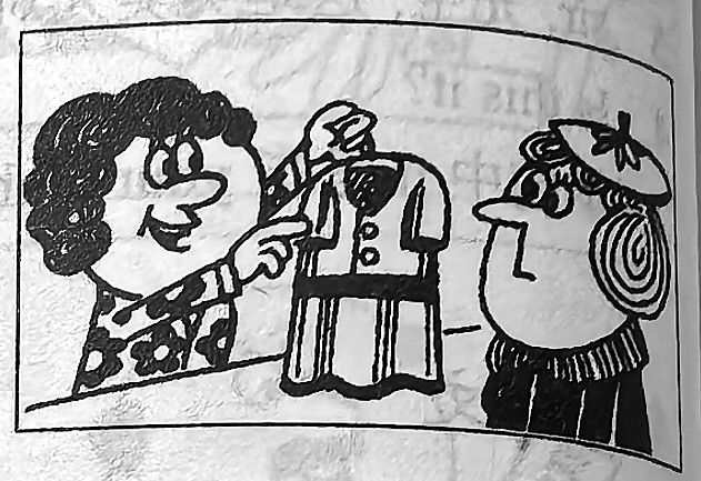A woman holds up a dress to another woman.