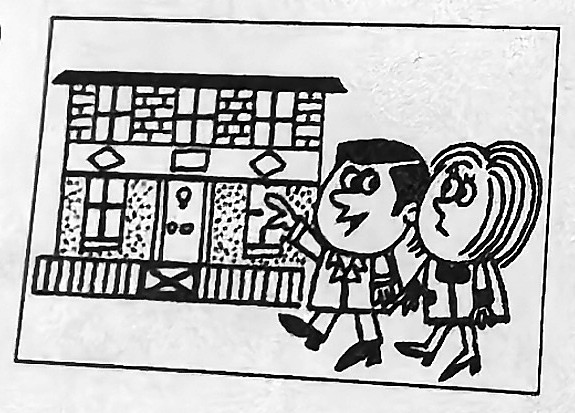 Two people stand in front of a house.