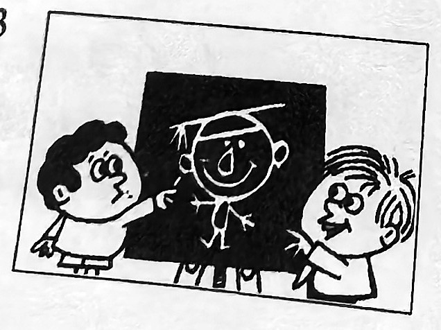 Two boys point to a drawing of a teacher on a blackboard.
