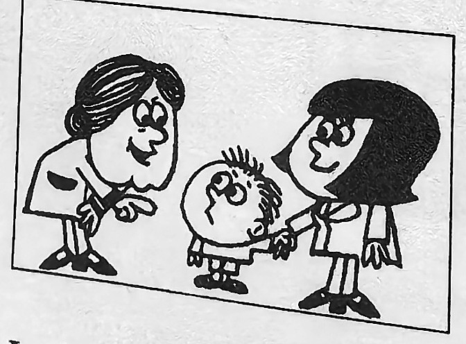 Two women talk beside a young boy.