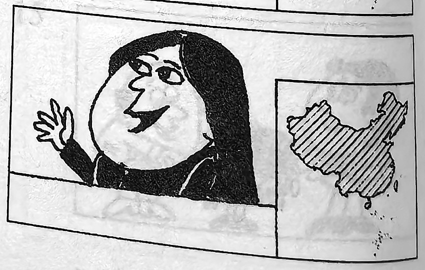 Xiaohui greets Sophie beside a map of China.