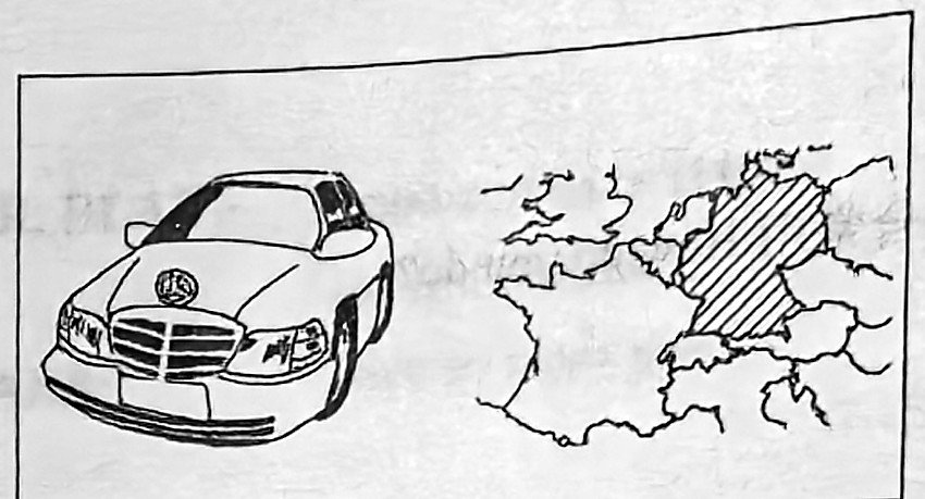 A Mercedes beside a map highlighting Germany.