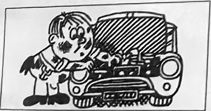A mechanic repairs a car with its bonnet open.
