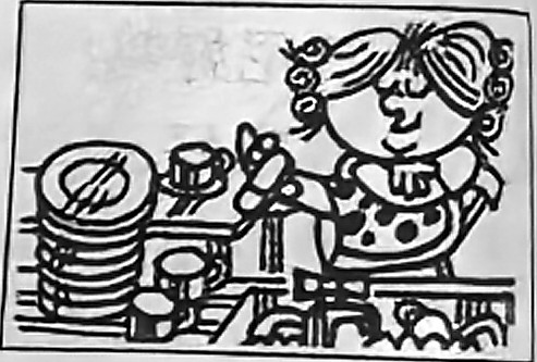 A housewife rests beside a pile of unwashed dishes.