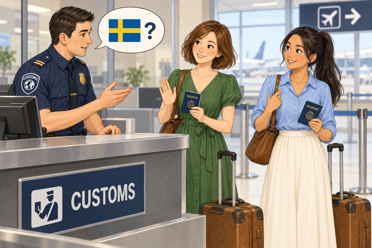 A Customs officer asks the girls whether they are Swedish.