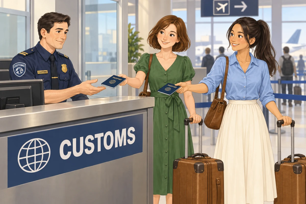 The girls hand over their passports.