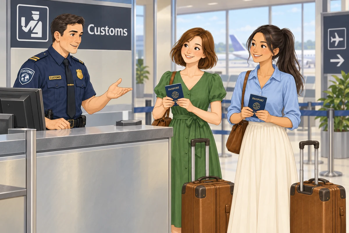 The officer asks whether the girls are tourists.