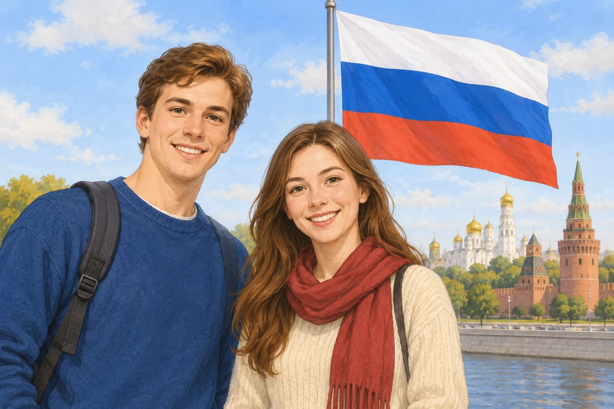 Two people; the printed nationality cue is Russian.