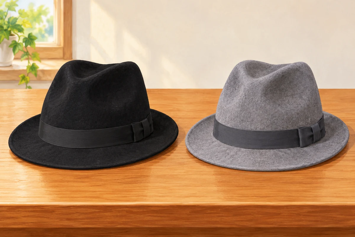 Two hats; the printed colour cue is black and grey.