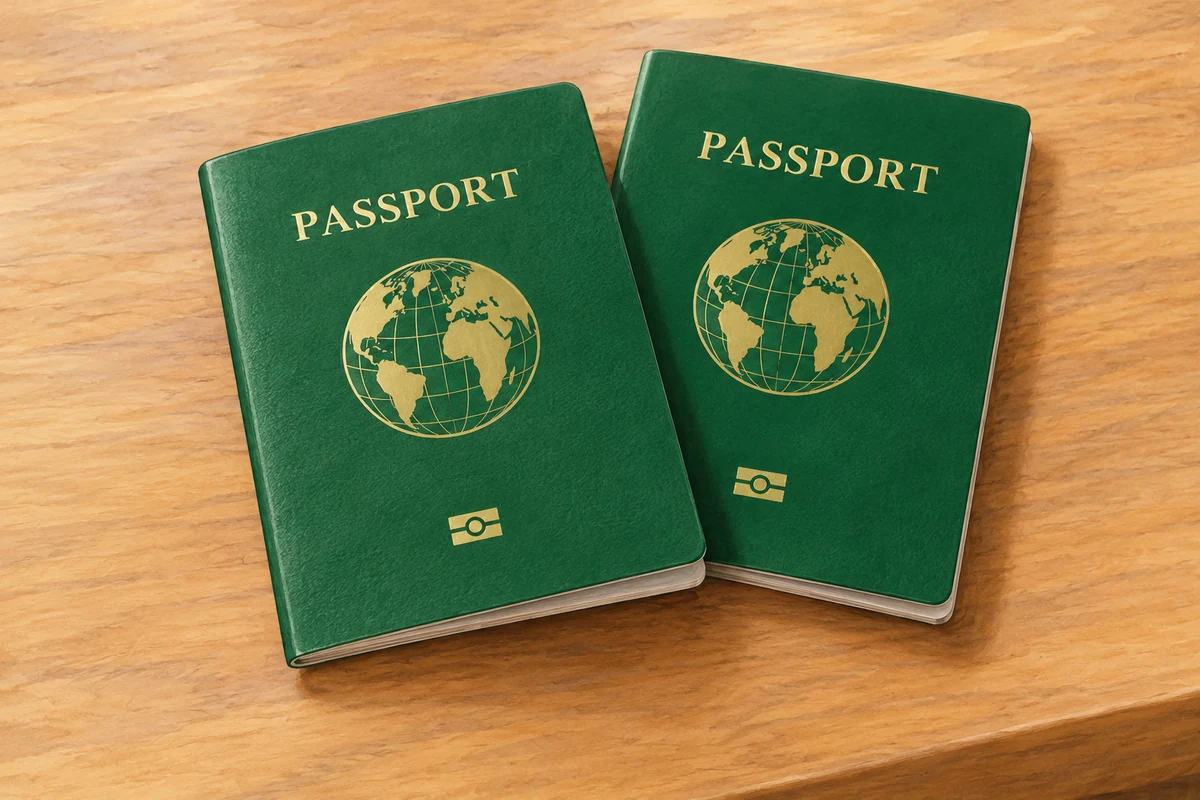 Two passports; the printed colour cue is green.