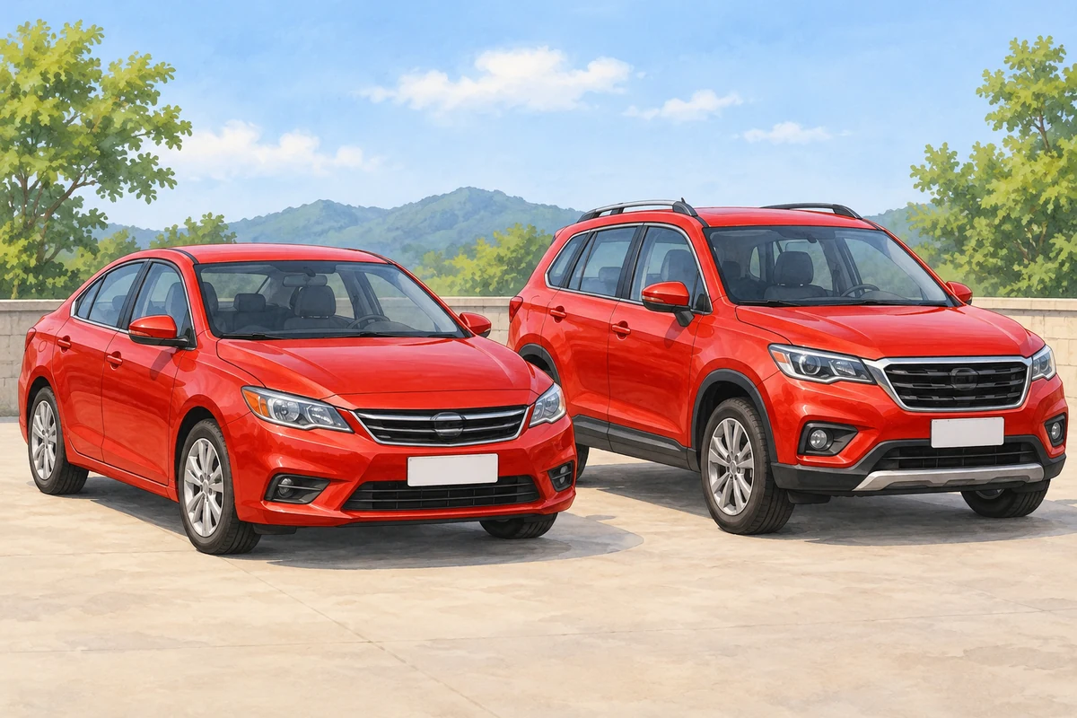 Two cars; the printed colour cue is red.