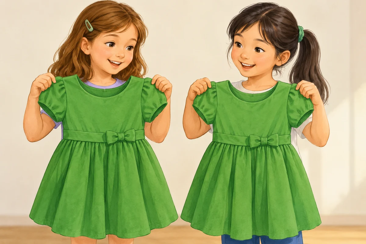 Two dresses; the printed colour cue is green.