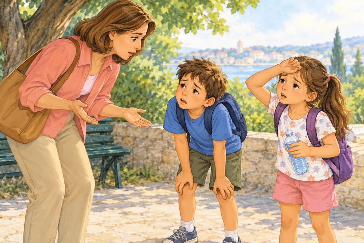 The mother asks her tired and thirsty children what is wrong.