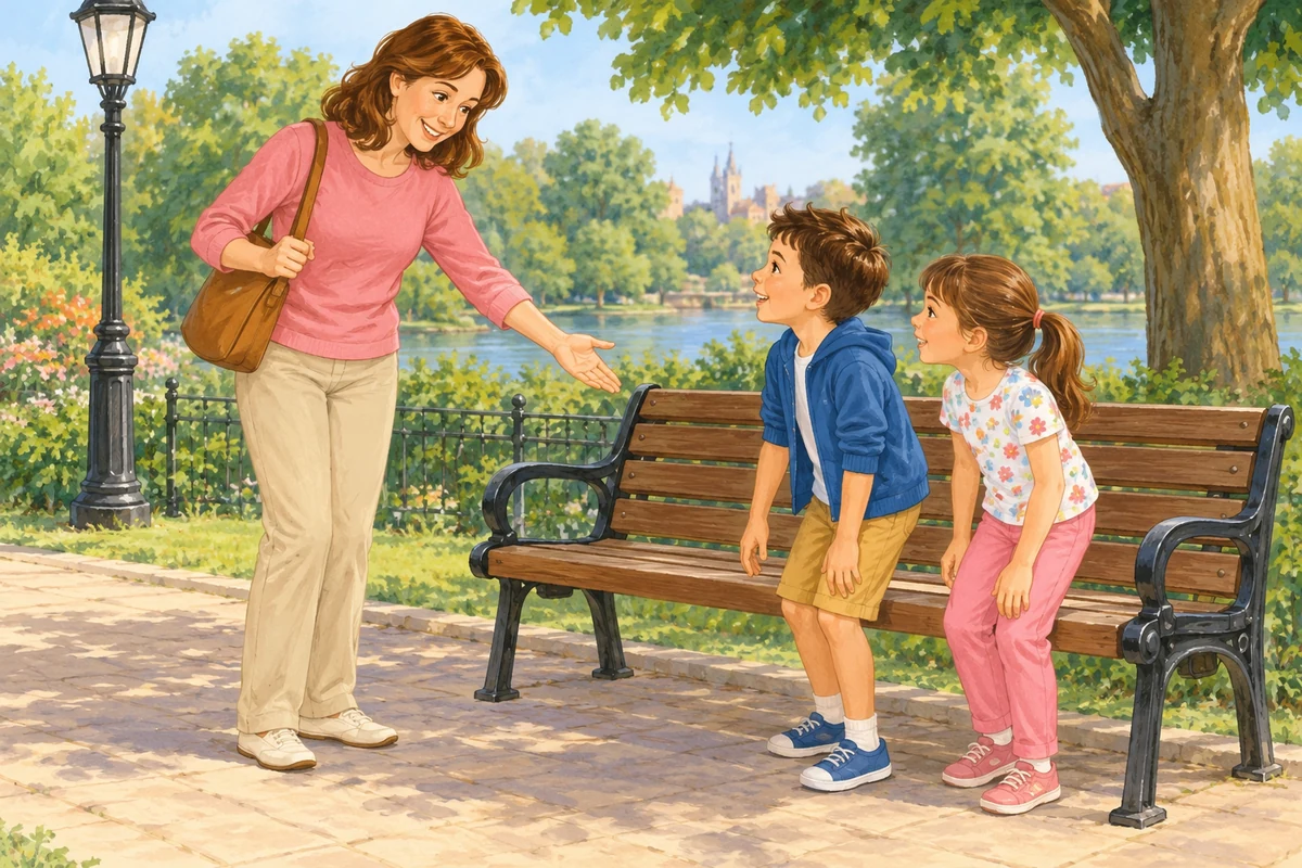 The mother asks the children to sit down.
