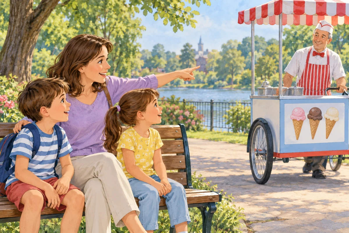 The mother points out an ice cream man.