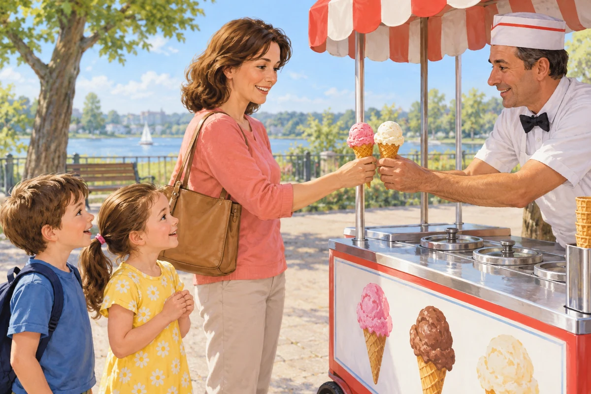 The mother buys two ice creams.