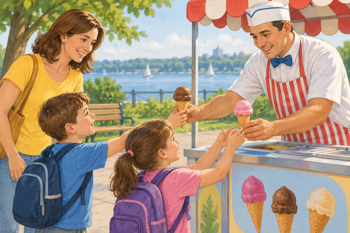 The children reach out for their ice creams.