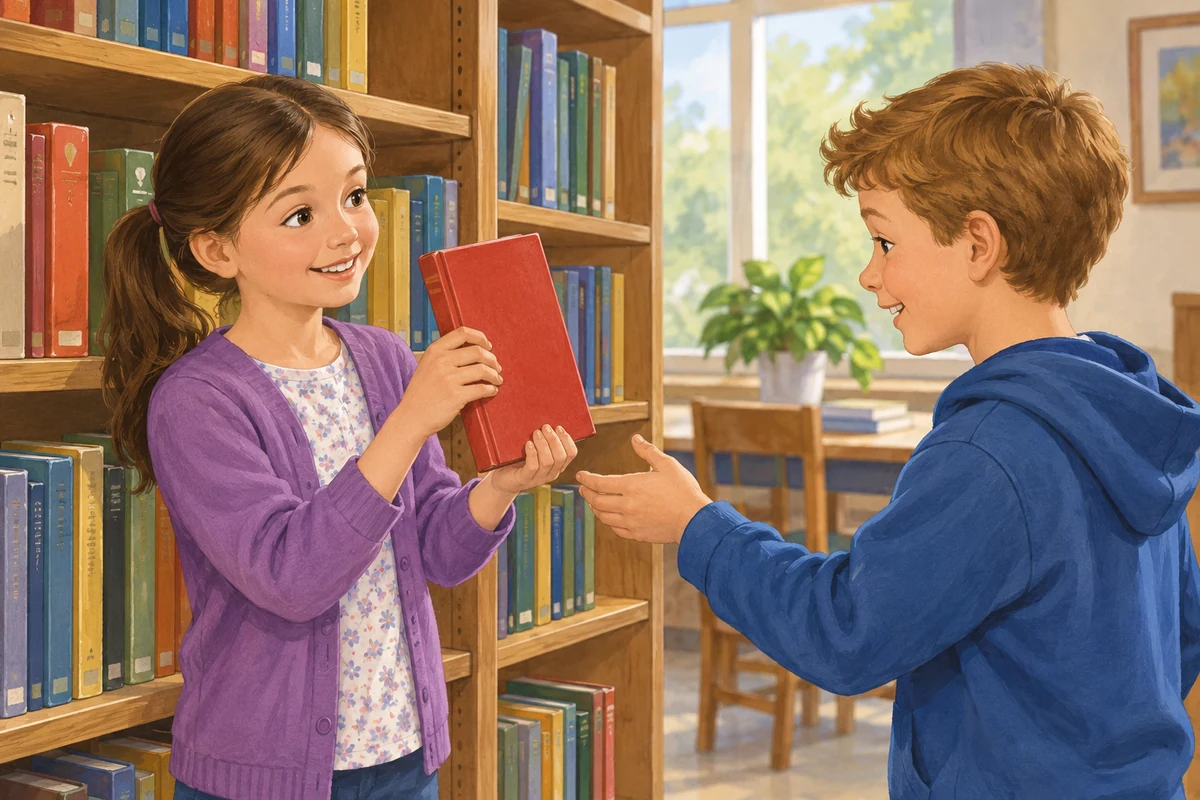 Jane shows him the right book.