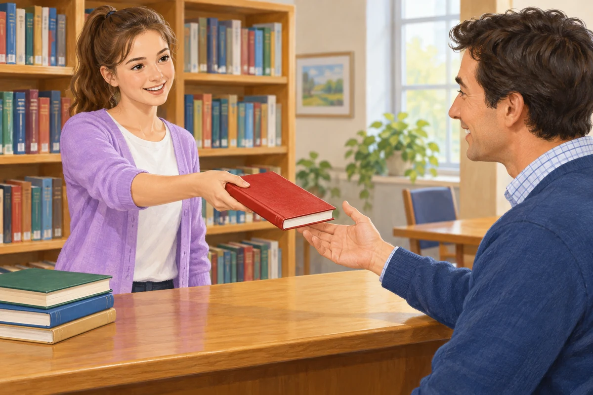 Jane gives the man the book.