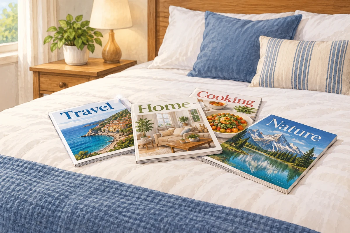 Magazines on the bed.