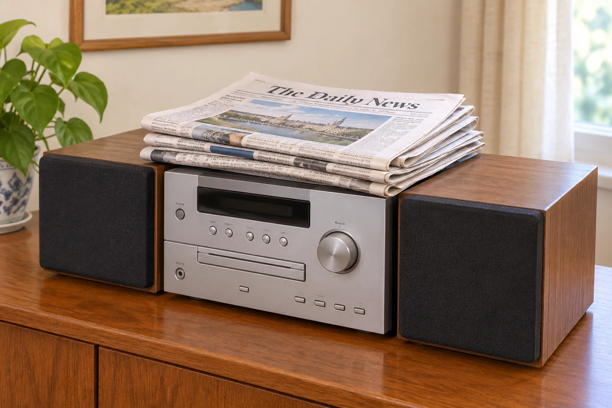Newspapers on the stereo.