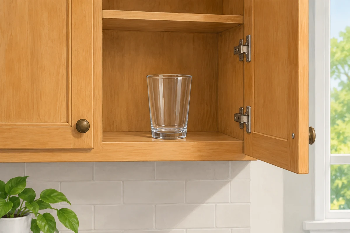 A glass in the cupboard.