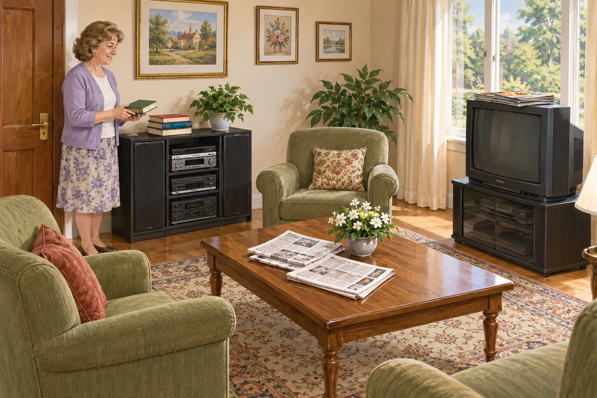 Mrs. Smith’s living room, with books on the stereo, magazines on the television, and newspapers on the table.