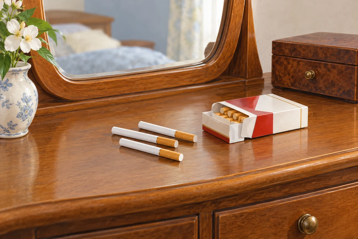 Some cigarettes on the dressing table.