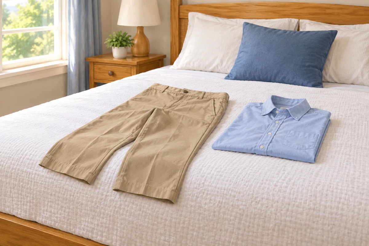 Some trousers on the bed.