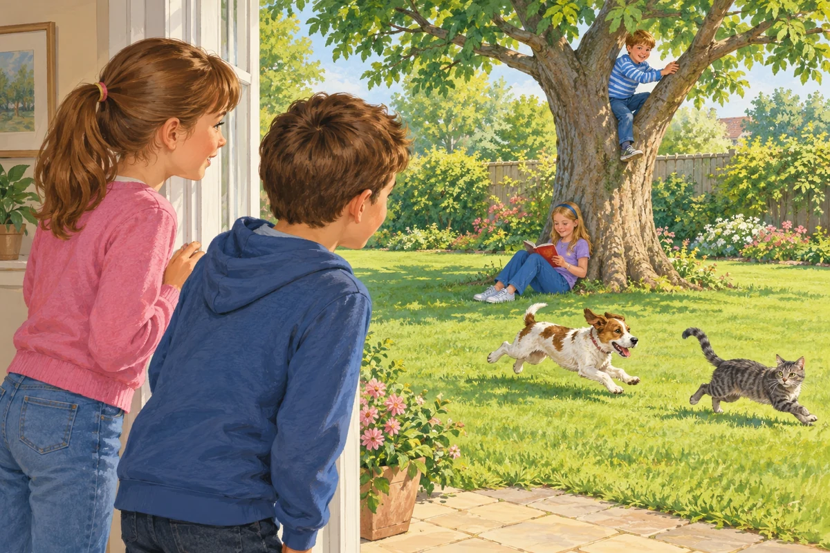 Jean and Jack look into the garden, where Sally is reading, Tim is climbing a tree, and the dog is chasing a cat.