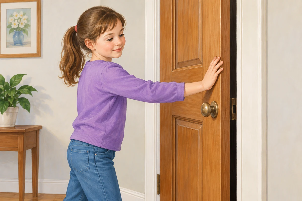 Sally is shutting the door.