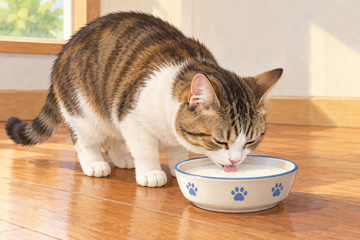 The cat is drinking its milk.