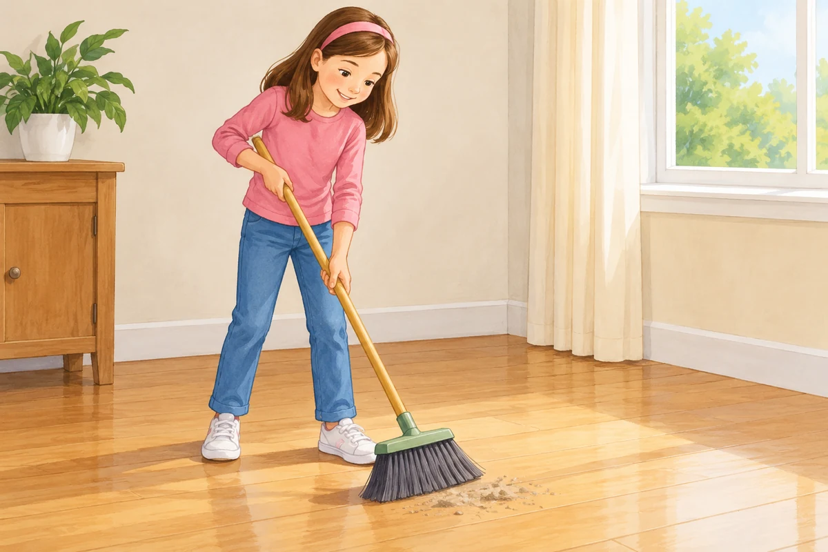 Amy is sweeping the floor.