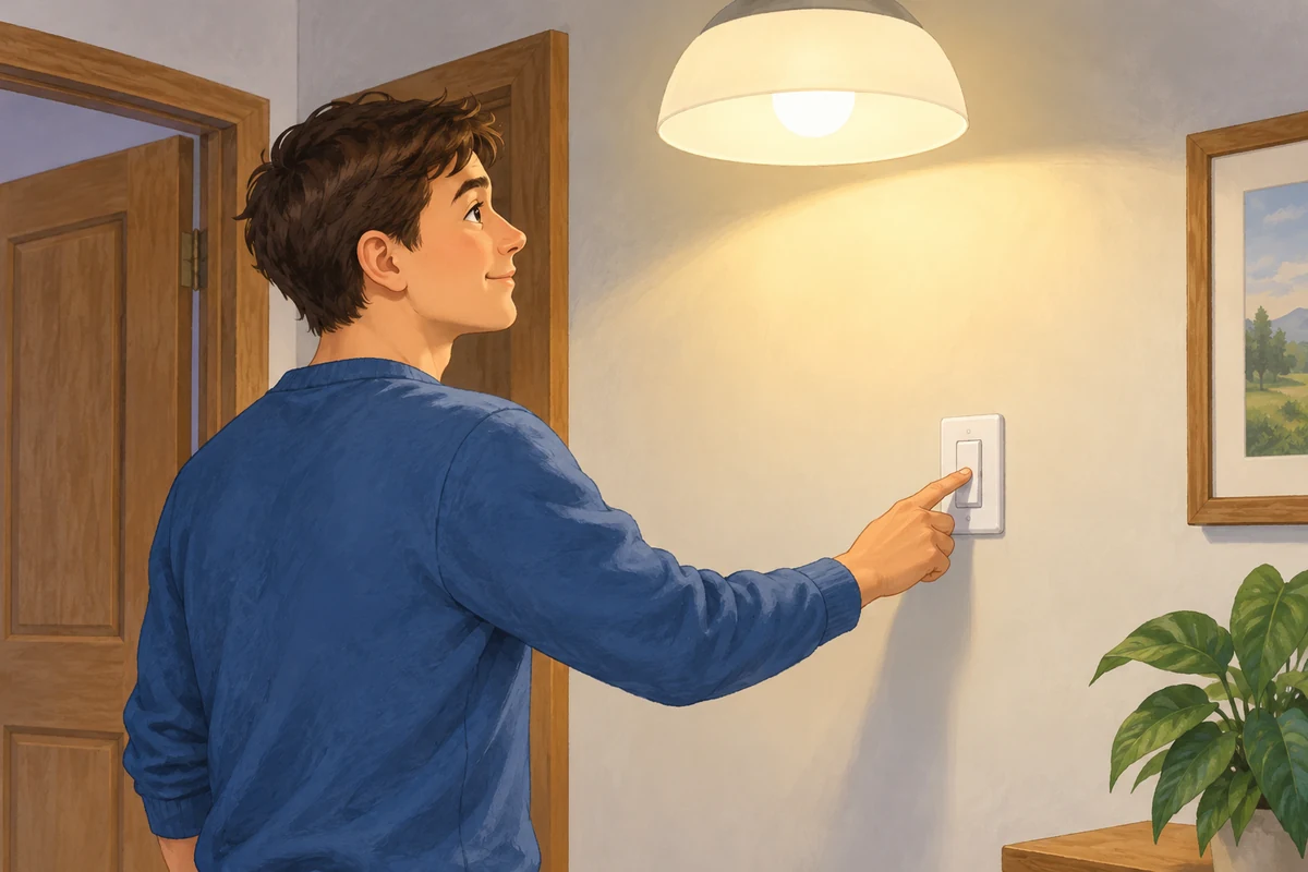 He is turning on the light.