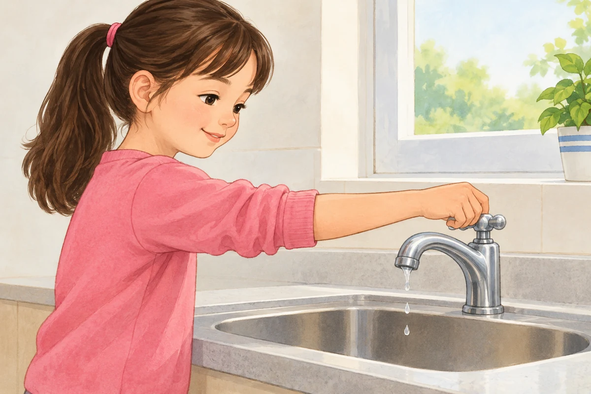 The girl is turning off the tap.