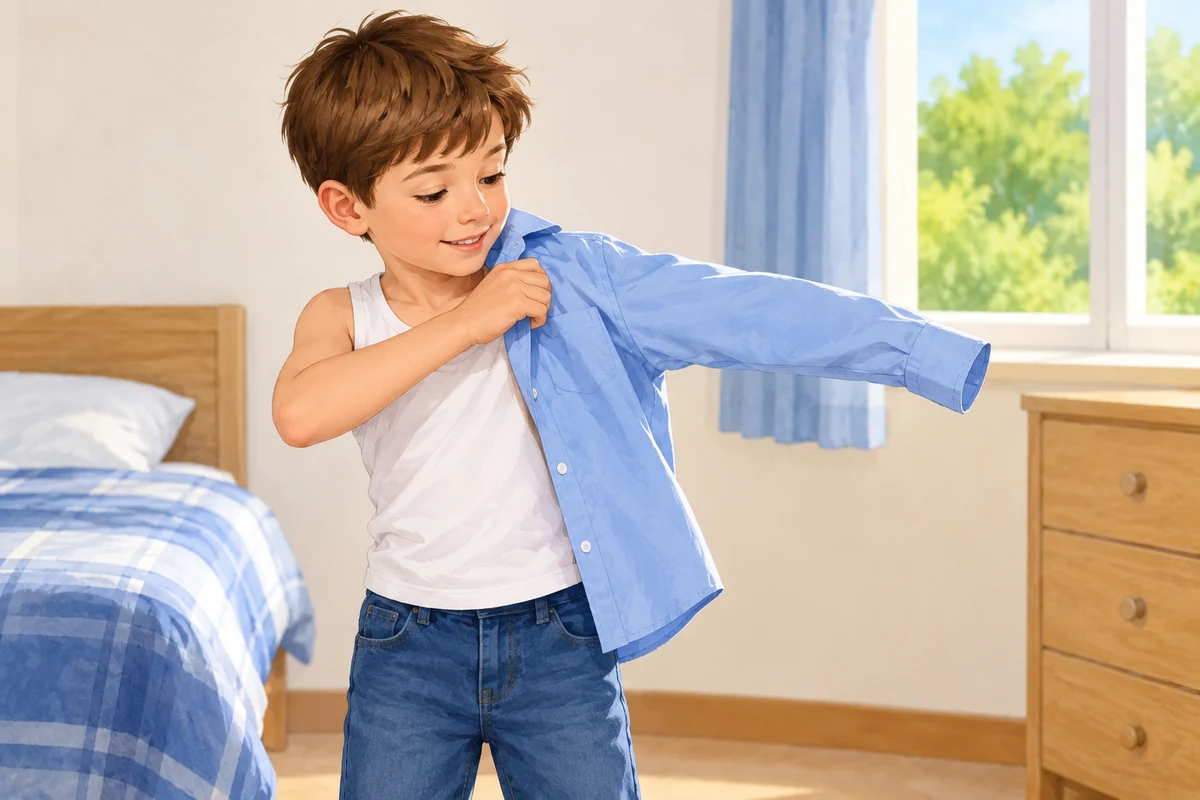 The boy is putting on his shirt.