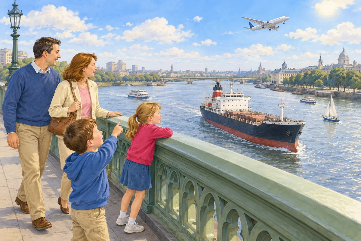 The Jones family walk over a bridge, with boats and a ship on the river and an aeroplane overhead.