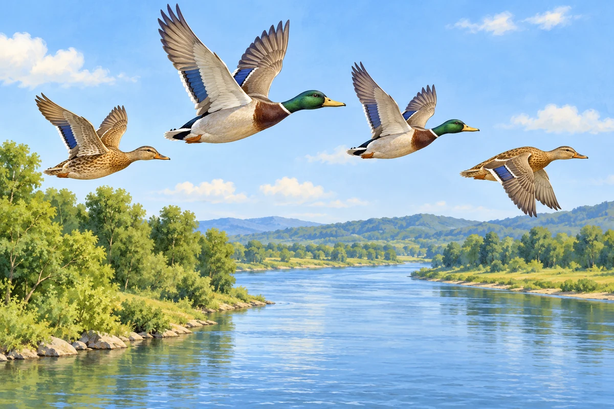The birds are flying over the river.