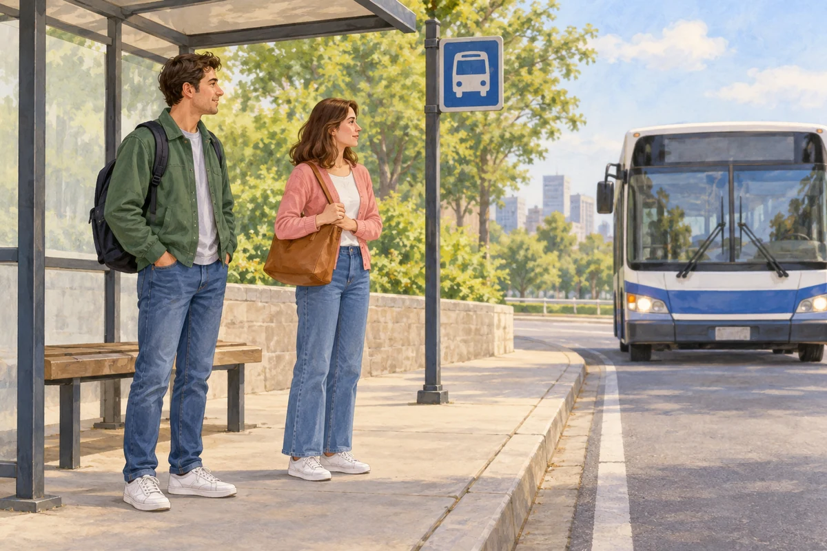 The man and the woman are waiting for a bus.