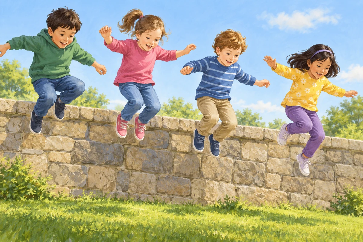The children are jumping off the wall.